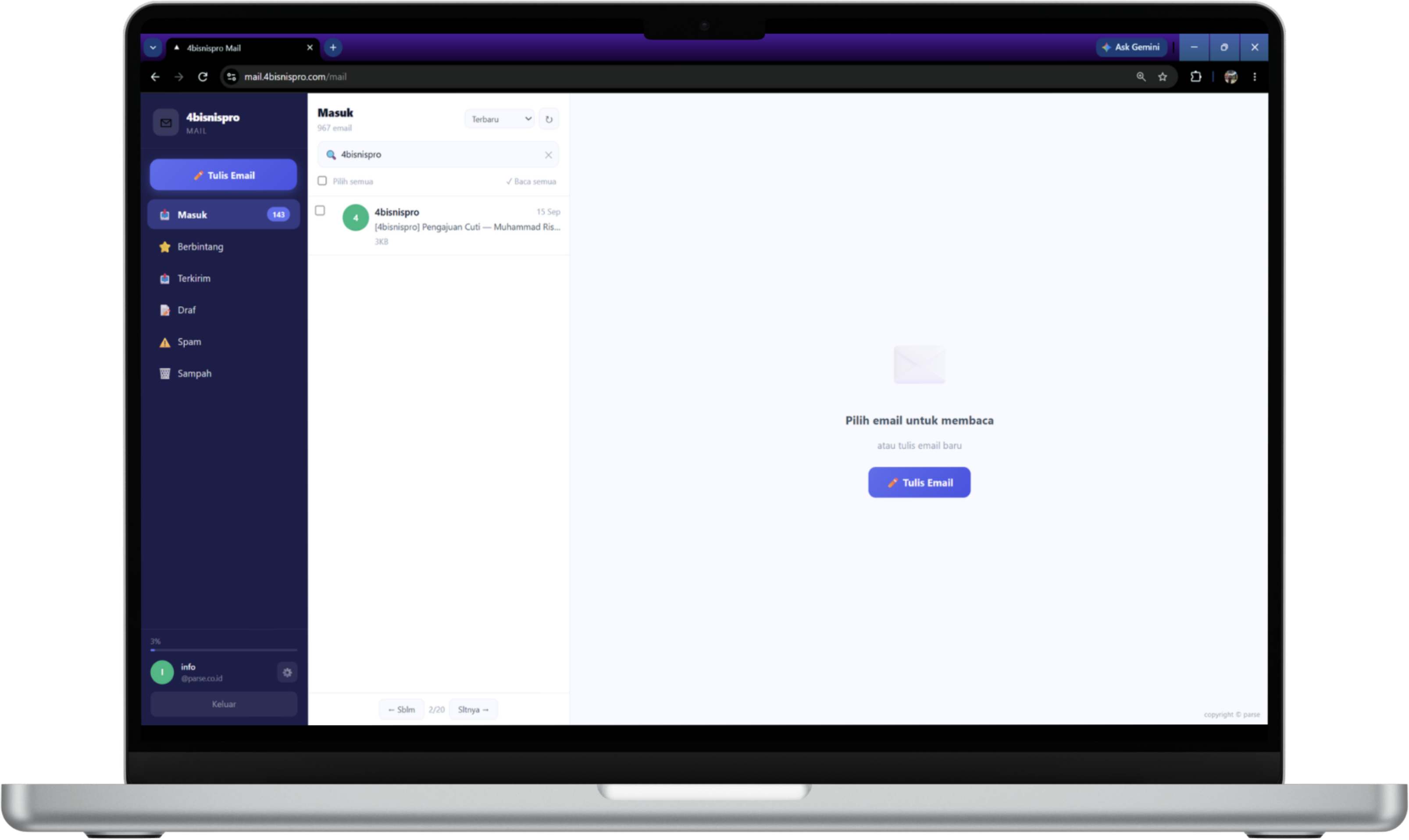 Tampilan kotak masuk 4bisnispro Mail di laptop