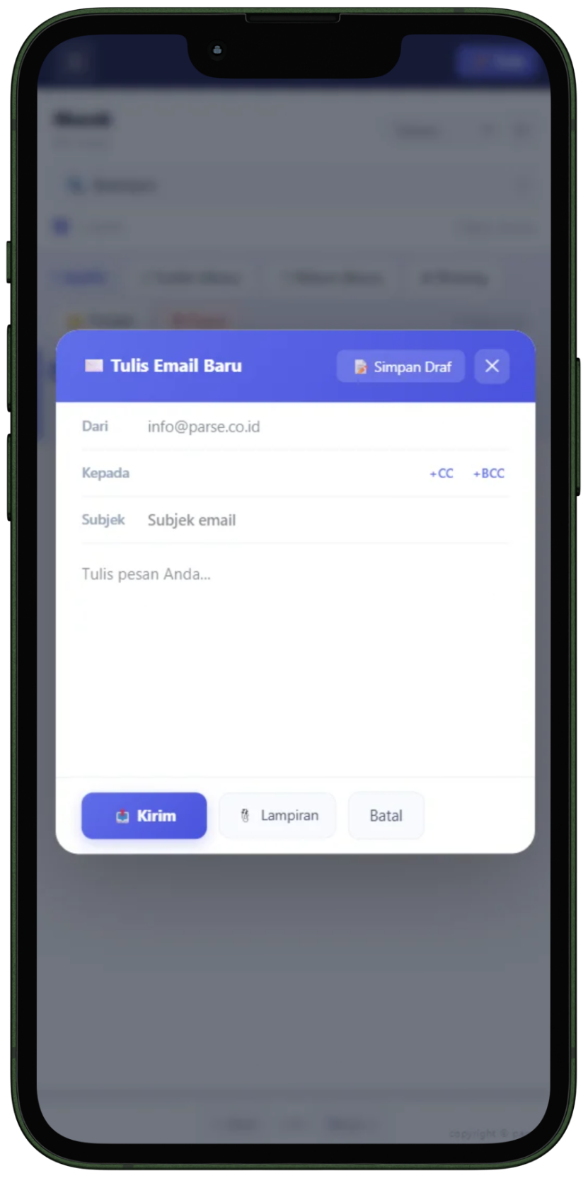 Tampilan tulis email 4bisnispro Mail di ponsel