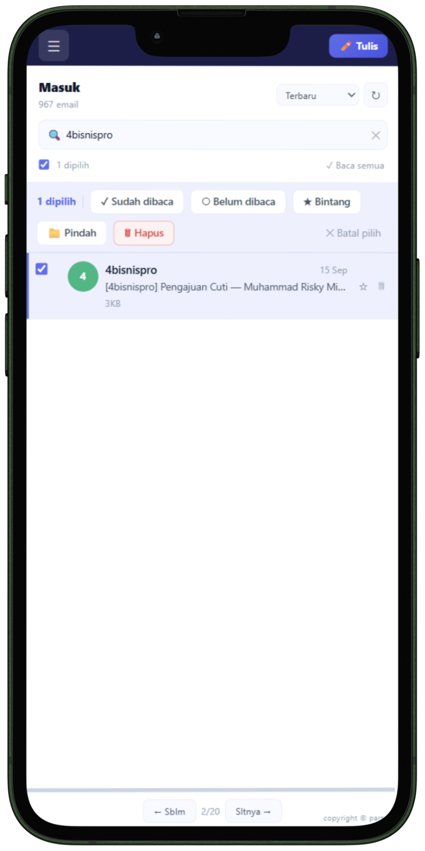 Tampilan kotak masuk 4bisnispro Mail di ponsel