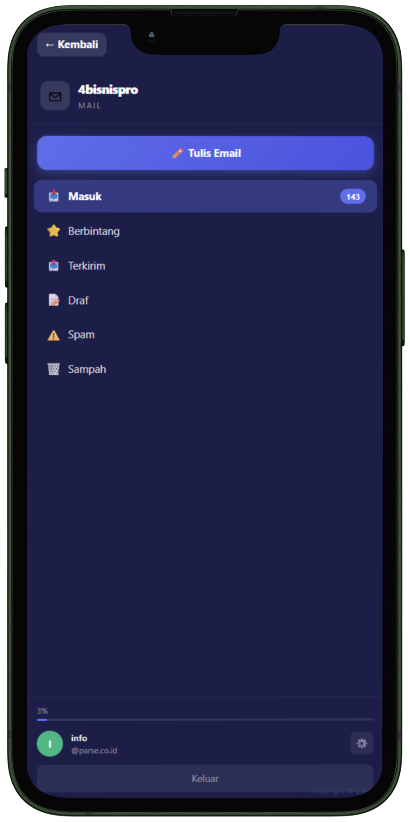 Menu navigasi 4bisnispro Mail di ponsel